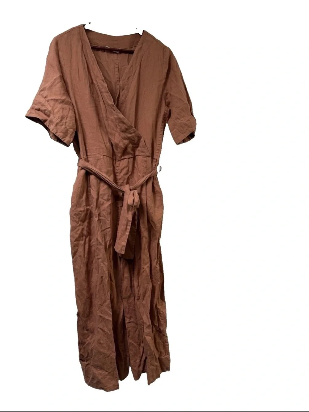 Everlane European Flax Linen Wide Leg Wrap Clay Brown Belted Jumpsuit 10 Summer